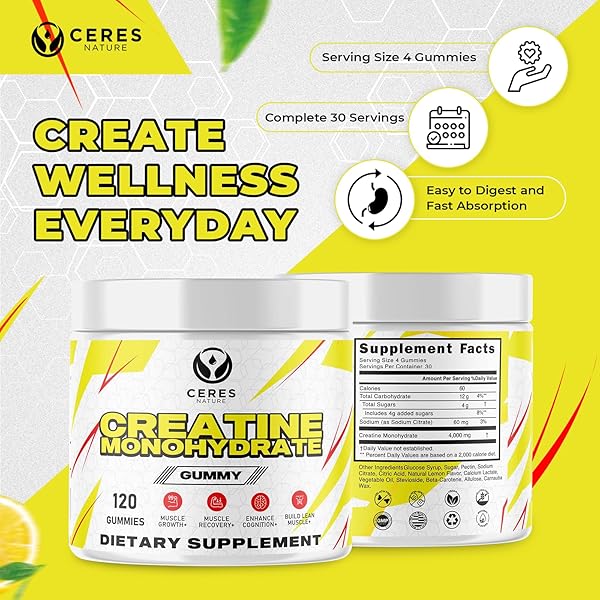 CERES NATURE CREATINE MONOHYDRATE GUMMIES FOR MEN & WOMEN-5G OF CREATINE MONOHYDRATE PER SERVING – VEGAN,LEMON FLAVOR, 120 COUNT.