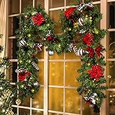 LBSUN Christmas Garland with Lights, Pre-lit 9ft Christmas Decorations with 50 Warm White LED Lights, Berries, Balls, and Red Flower for Door, Stairs, Railing, Indoor, Outdoor, Battery Operated