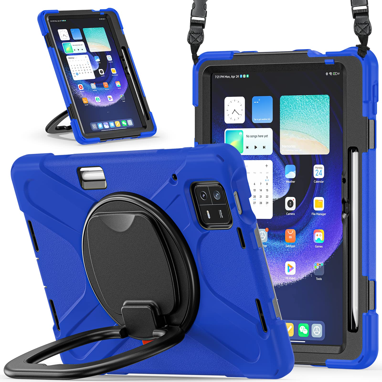 UFinetech Xiaomi Mi Pad 6/ Mi Pad 6 Pro 11-inch Tablet Case - Heavy Duty Shockproof Cover, 360° Rotating Hand Strap, Foldable Stand, Anti-Slip Handle, Adjustable Shoulder Strap, Pen Holder - Blue