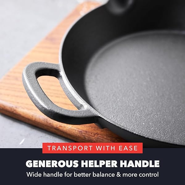 GREENPAN X BOBBY FLAY 12” CAST IRON PRE-SEASONED SKILLET WITH HELPER HANDLE, PROFESSIONAL GRADE HEAVY DUTY, INDUCTION, POUR SPOUTS, VERSATILE STOVETOP, OVEN, BBQ GRILL FIRE, INDOOR/OUTDOOR USE, BLACK
