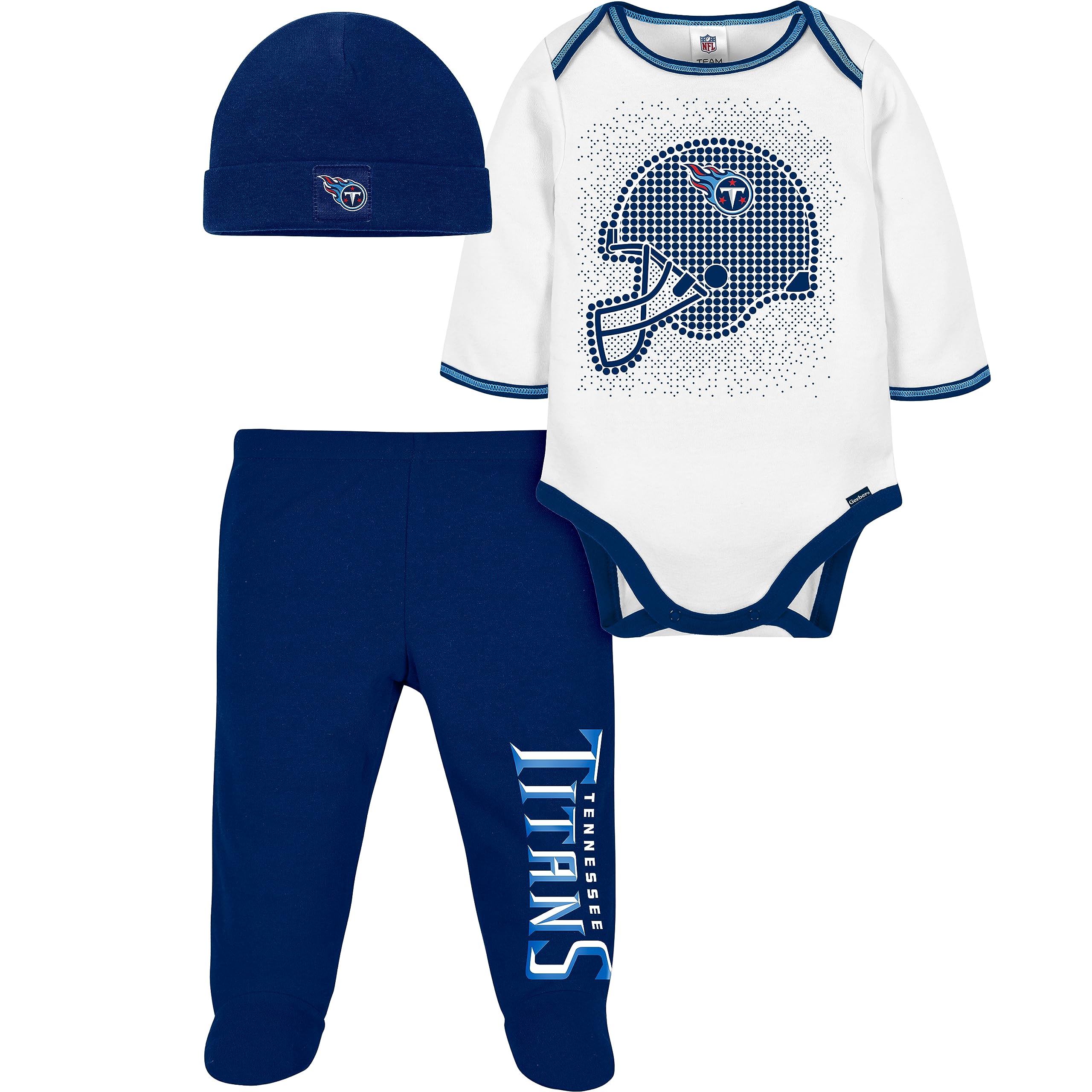 Gerber NFL Baby Boys' 3Pc Bodysuit, Footed Pant, & Cap Set, Tennessee Titans, 3-6 Months Image