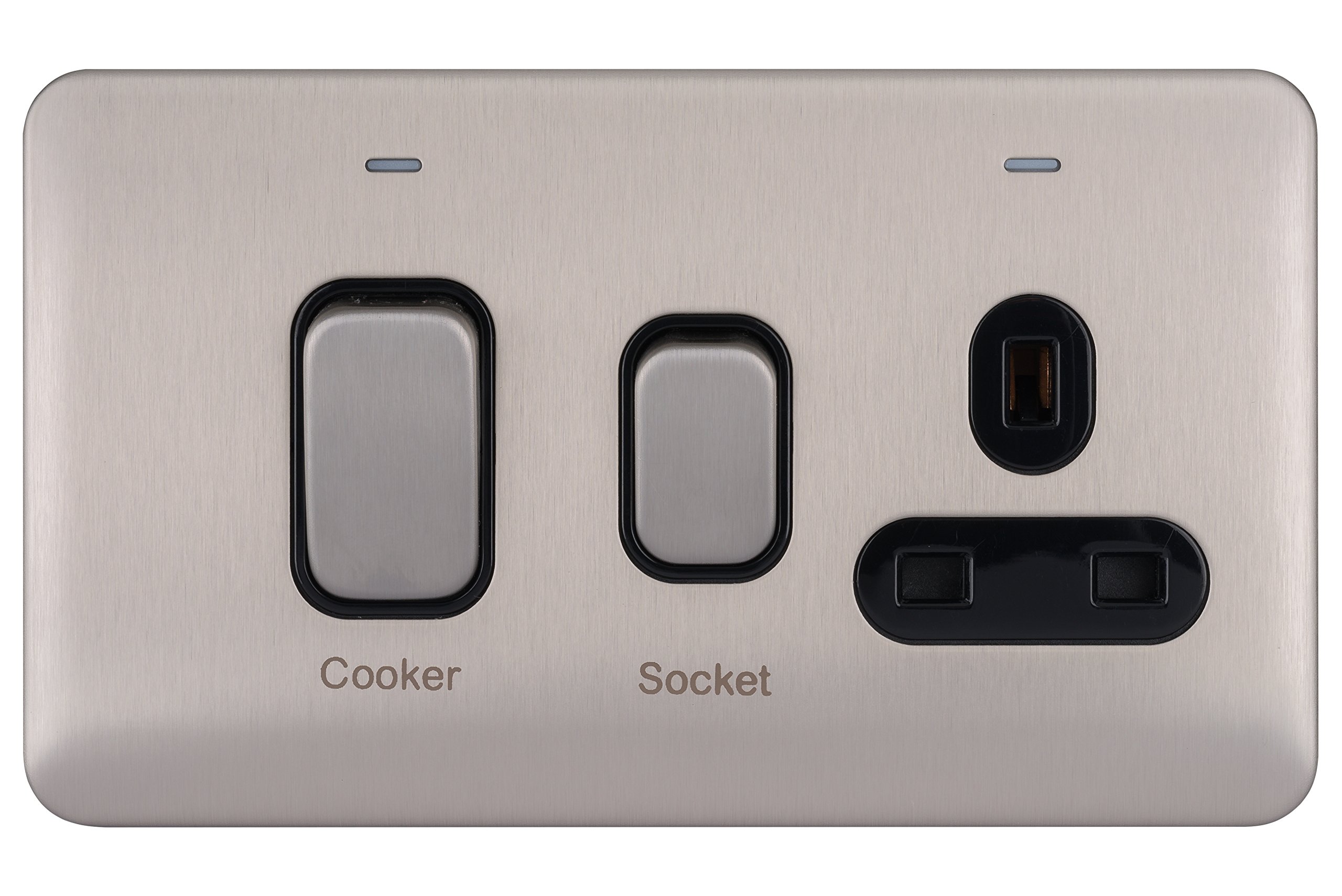 Schneider Electric Lisse Screwless Deco - Single Cooker Control Unit with Socket, Double Pole with Neon Indicator, 45A, GGBL4001BSS, Stainless Steel with Black Insert
