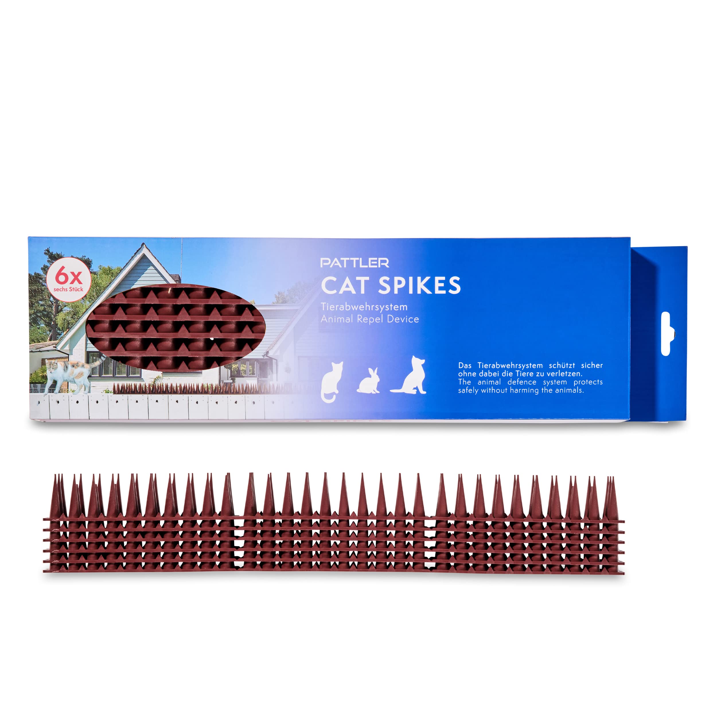 PATTLER® - 6 pieces, 3 rows, brown, bird repellent made of robust plastic, balcony, roof, windowsill, fence, cat repellent and pigeon deterrent, easy installation of pigeon repellent spikes