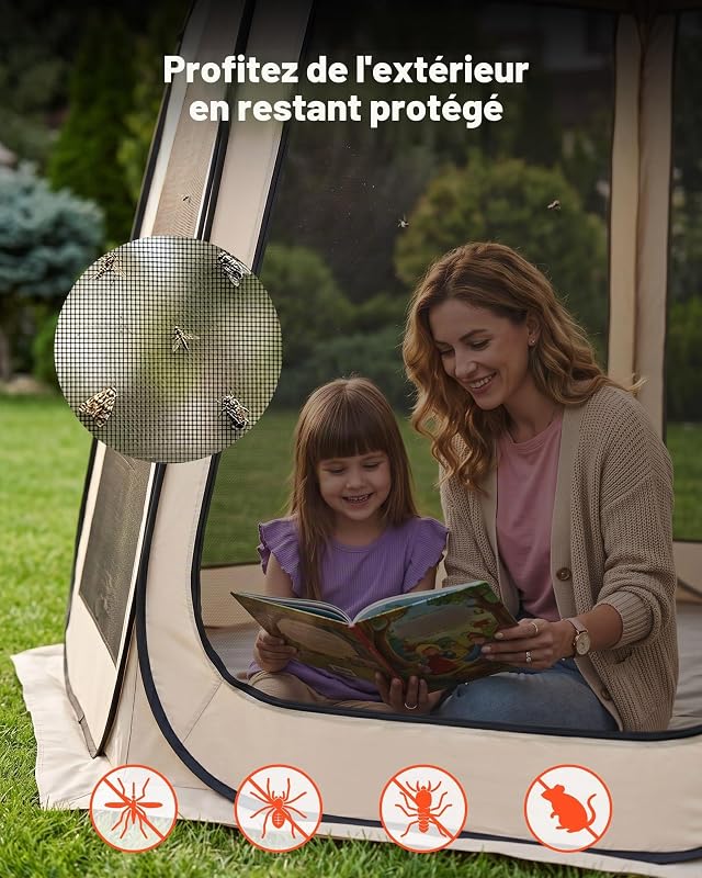 Tente Moustiquaire Pop Up 366x338x230 cm Abri Moustiquaire Pliant 10-12 Personnes Tente Portable pour Jardin Terrasse Cour Activités Plein Air, avec Sac de Transport, Piquets de Fixation, Beige