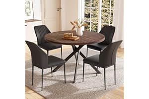 HIPIHOM 45.3'' Walnut Round Dining Table Set for 4, Mid Century Modern Small Coffee Set for Dining Room Kitchen Apartment (Dark Walnut Table + 4 Black Chairs)