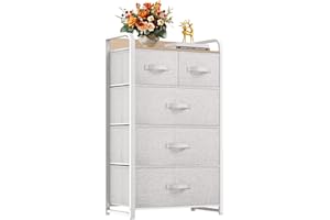 YITAHOME Fabric Dresser with 5 Drawers - Storage Tower with Large Capacity, Organizer Unit for Bedroom, Living Room & Closets - Sturdy Steel Frame, Wooden Top & Easy Pull Bins (Light Grey)