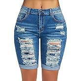 roswear Women's Distressed Knee Length Ripped Stretchy Jean Shorts
