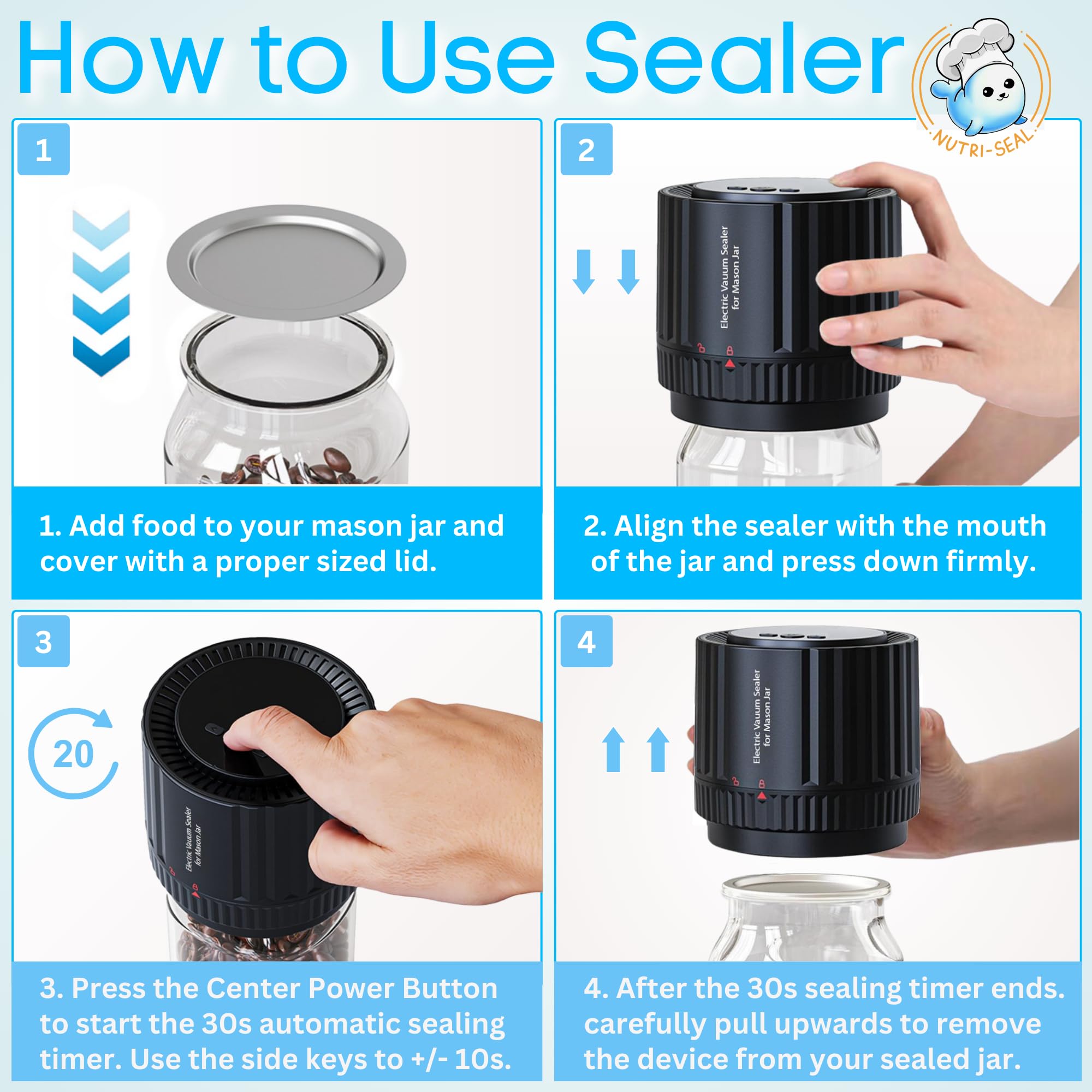 Nutri-Seal™ Electric Mason Jar Vacuum Sealer Kit - Fits Wide & Regular Mason Jars - Jar Vacuum Sealer For Mason Jars - Easy to Use - Automatic Electric Mason Jar Sealer - Vacuum Sealer For Jars w/Lids
