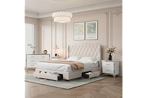 Flieks 4-Pieces Bedroom Sets, Queen Size Upholstered Bed with 3 Drawers, High Gloss Mirrored Nightstands and Dresser with Metal Handles and Legs, Beige