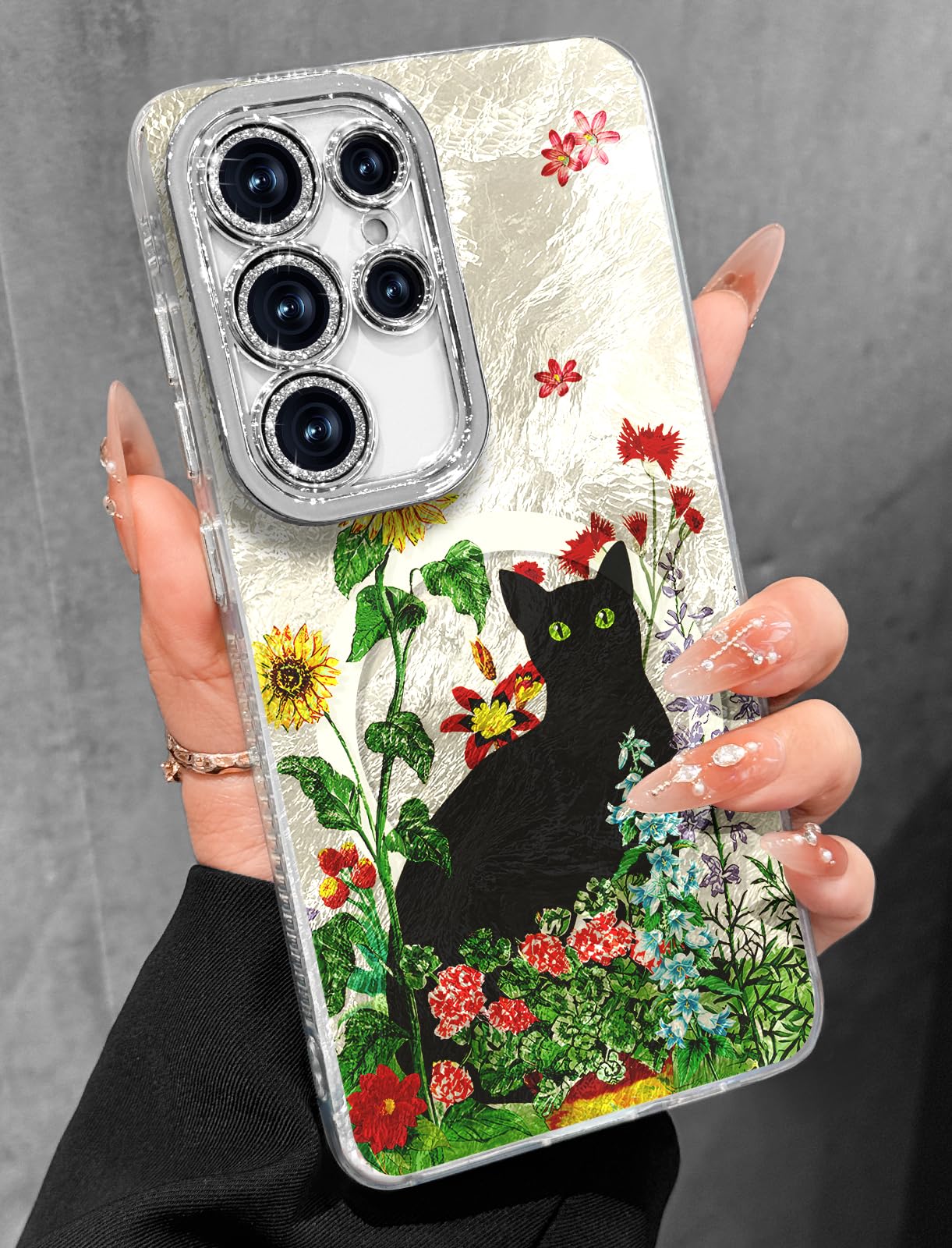 Toycamp for Samsung Galaxy S25 Ultra Case - Compatible with Magsafe Aesthetic Cute Holographic Galaxy S25 Ultra Case with Diamond Bling Lens Protector Cover for Women Girls, Flower Cat