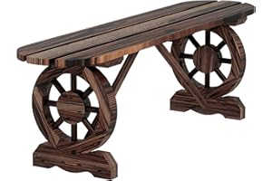 Outsunny Outdoor Bench with Wagon Wheel Legs, 2-Person Wood Garden Bench, Rustic Patio Bench Loveseat with Slatted Seat for P