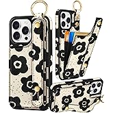Petitian for iPhone 15 Pro Max Case with Wallet - Women Girls Cute Girly Aesthetic Unique Design with Leather Credit Card Holder Cardholder Stand Wristband for Apple 15 Promax, Black Flower