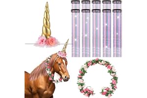 XunYee 12 Pcs Horse Costume Bling Accessory Floral Spiral Horn 10 Mane and Tail Clip in Hair Extensions Bling Pony Tinsel Rose Flower Vine for Real Horse Birthday Party Decor