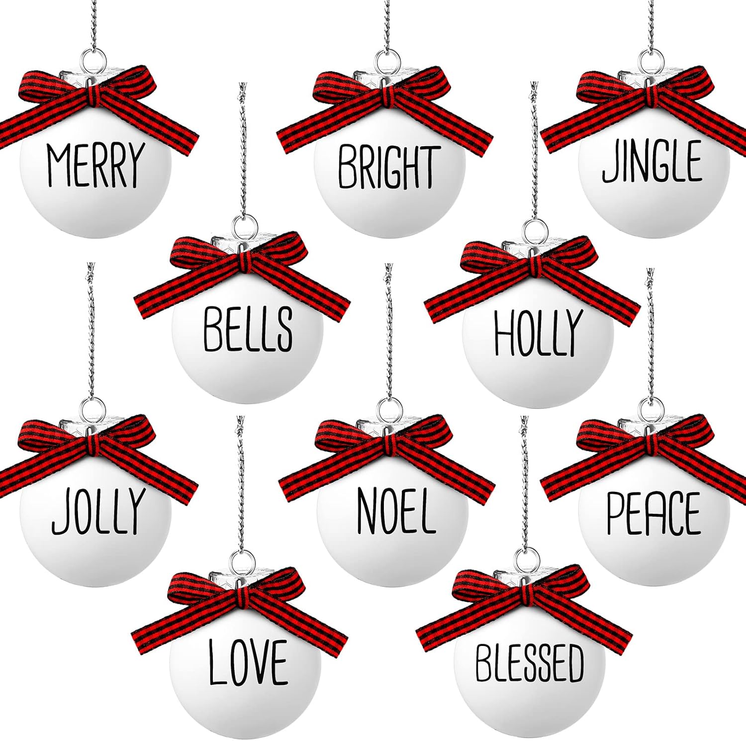 Snow Globes - Buffalo Plaid Christmas Ball Ornaments for Xmas Tree ,10 Piece Matte Snow Globe Kit with Lettering and Buffalo Plaid Bows for Christmas Farmhouse Home Decoration(White, Black, Red and Black)