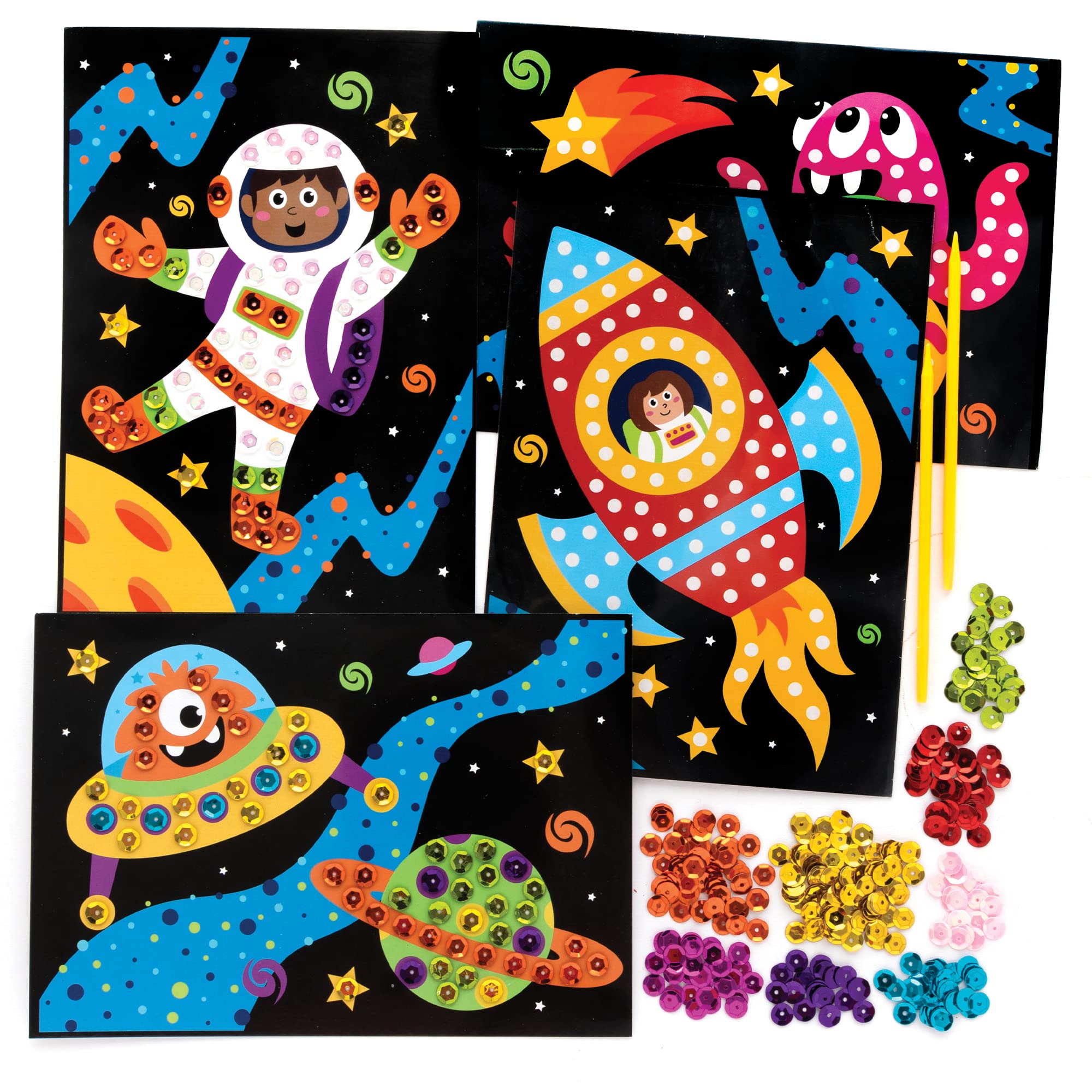 Baker Ross FE727 Solar System Sequin Art Kits - Pack of 4, Make Your Own Childrens Craft Set, Creative Activities for Kids, Decorate Your Own Arts and Crafts Pictures