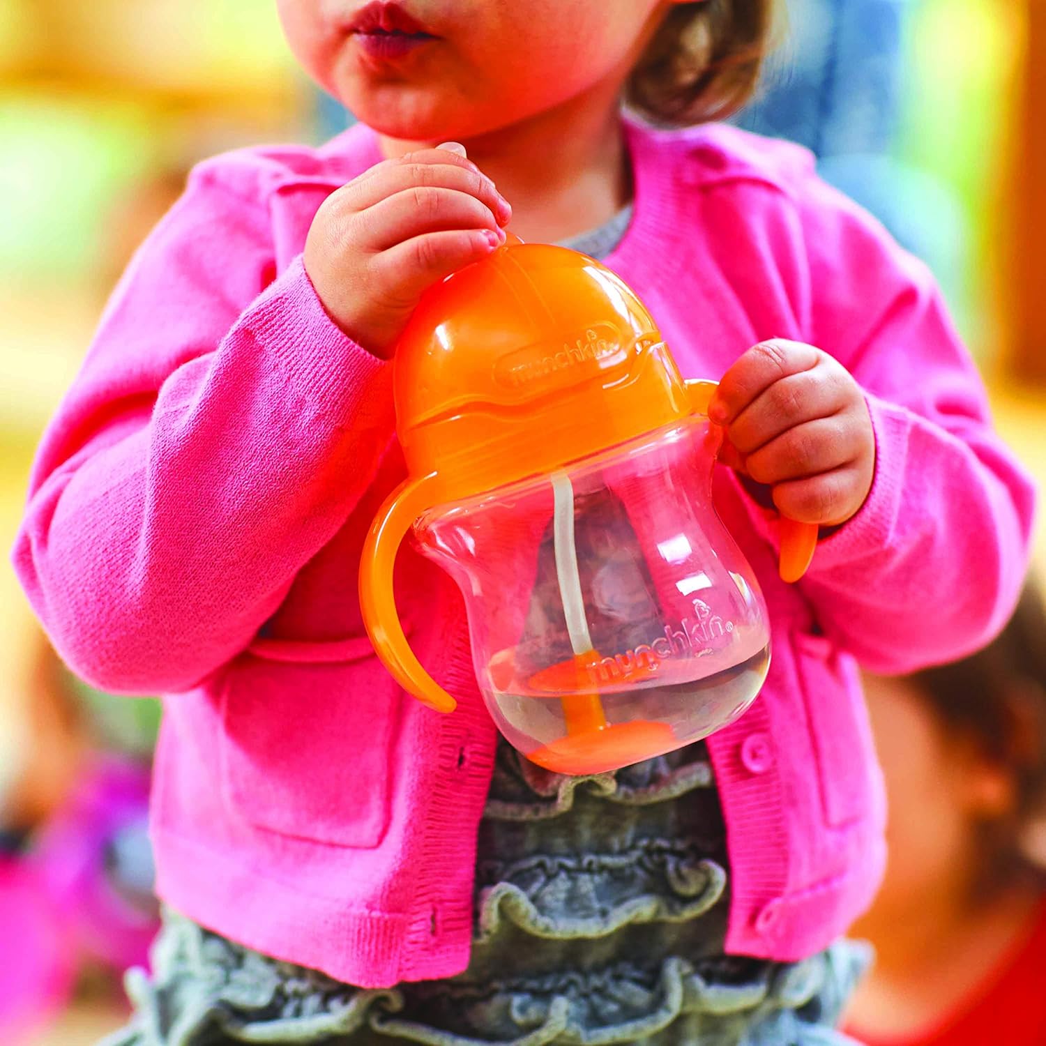 Munchkin Any Angle Click Lock Weighted Straw Trainer Cup, Pink/Orange, 7oz, 2pk : Baby