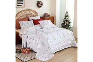 Cmfshape Christmas Embroidery Quilt Set,3 Pieces King Size Xmas Tree Reindeer Pattern Bedding Set,Reversible Christmas Bedspread Coverlet,Holiday Bedding(106"x96")