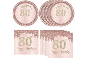 KHAIVI 40PCS 80th Birthday Decorations for Women Rose Gold Birthday Disposable Tableware Include 80th birthday plates and napkins for women 80 Year Old Birthday Vintage 1944 Birthday Decorations