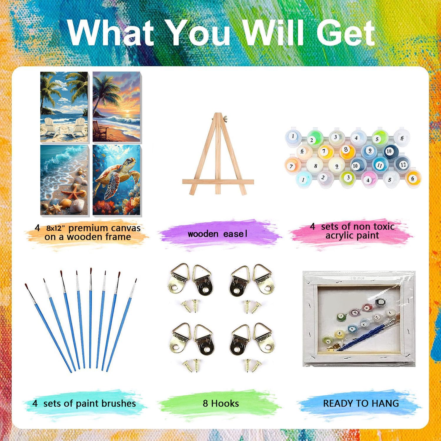 4 Pack Paint by Numbers for Adults with Framed Canvas - with Wooden Easel, Beach Paint by Number on Canvas, DIY Sea Turtle Acrylic Oil Painting Kits with Brushes for Home Wall Decor (8x12 inch)