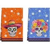 XCHI Day of The Dead Sugar Skull Dish Towels Set of 2 Home Decor 18x26 Inch | Skeleton Couple Sombrero Stripes Dia De Los Muertos Mexican Printed Pattern Hand Towels Drying Dishcloth Kitchen Decorations
