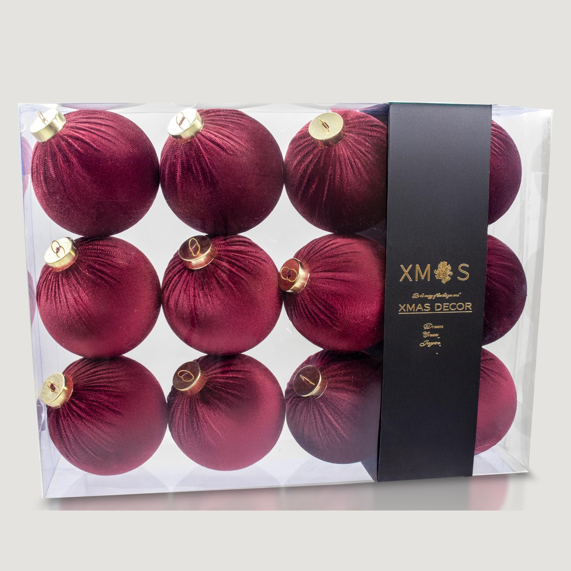 Photo 1 of 12PCS Red Velvet Christmas Ornaments Set – Large Flocked Shatterproof Baubles for Xmas Tree Decoration, Hanging Ornaments for Holiday & Home Décor (Burgundy Red, 4 Inch / 10 cm)