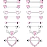 BSJ4U 7 Pairs Nipple Piercing Jewelry 14G Stainless Steel Gold Plated Pink Red Silver Nipple Rings for Women Cute Heart Cherry Nipple Barbells