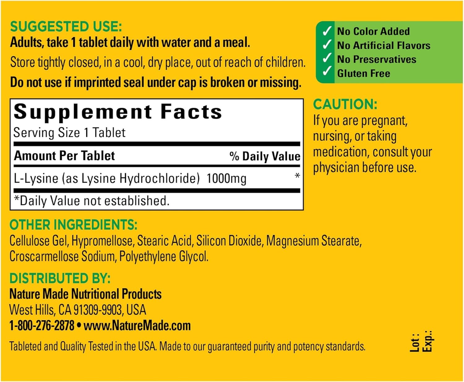 Nature Made Extra Strength L-Lysine 1000 mg Amino Acid, 60 Tablets: Health & Personal Care