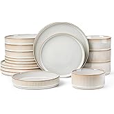 LIANYU Stoneware Dinnerware Sets with Pasta Bowls, 16 Piece Plates and Bowls Dishes Set for 4, Ribbed Dining Ware Dishware for Home, Microwave and Dishwasher Safe, Dawn Beige