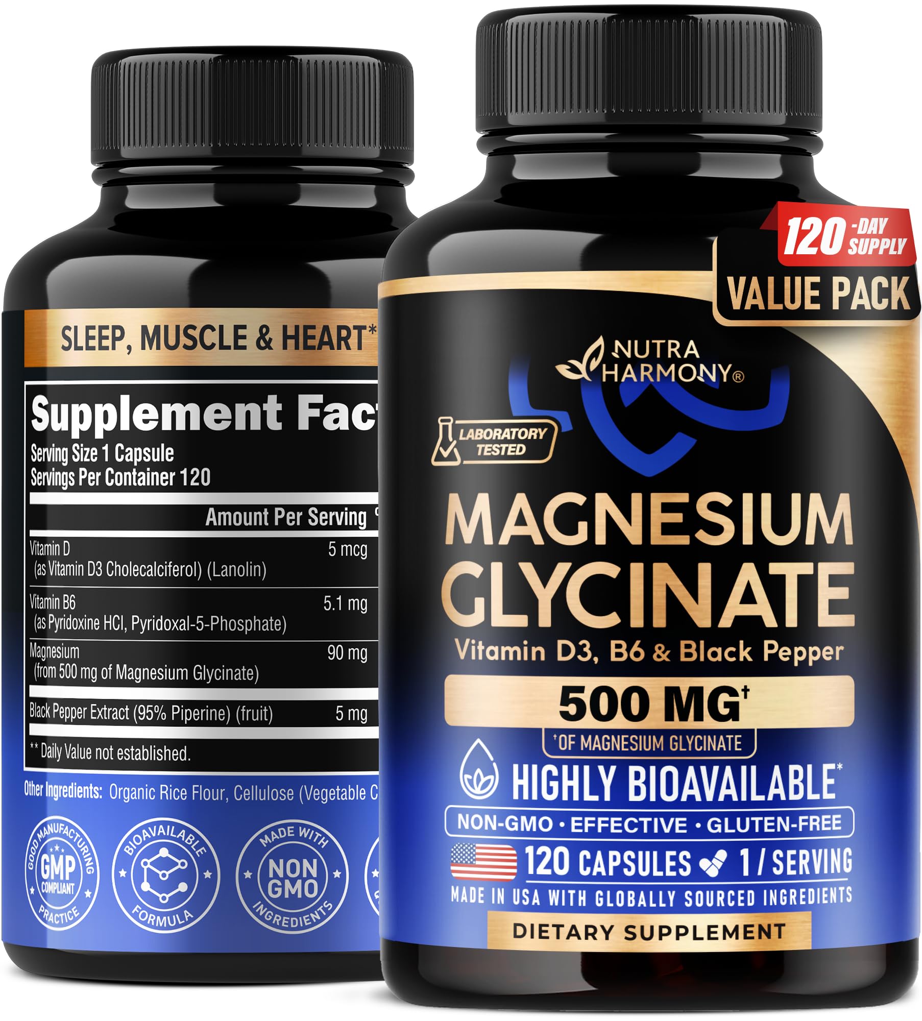 Magnesium Glycinate 500 mg - Chelated Supplement - 98% High Absorption - Support for Sleep, Muscle & Heart Health - Made in USA, Lab Tested & Non-GMO - 120 Capsules