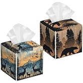 Rustic Deer Forest 2 Pcs Tissue Box Cover Square, Tissue Box Holder Waterproof Leather Facial Paper Organizer Dispenser for Bathroom Home Car Nightstand