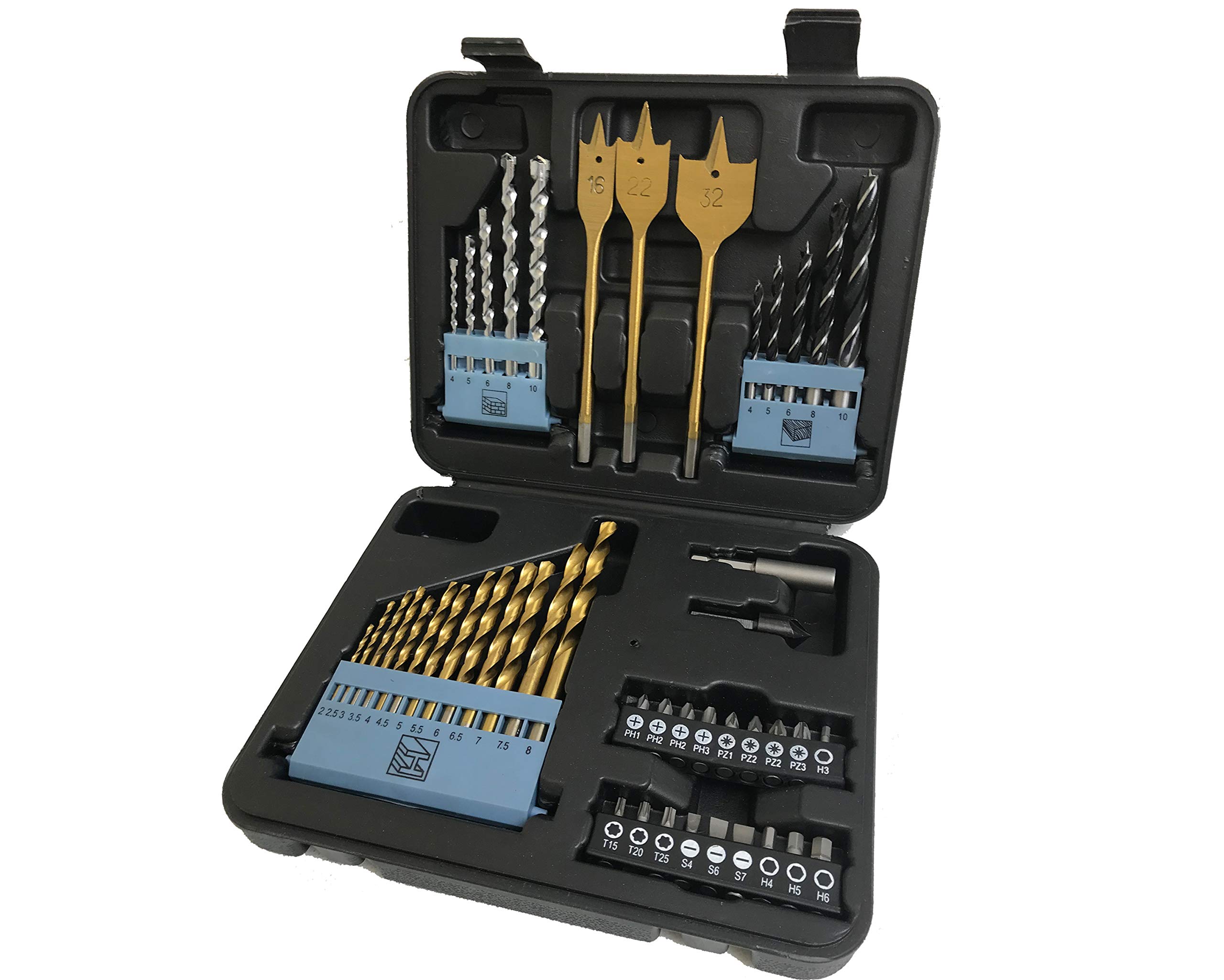 LUMBER JACK 46 Piece Drill Bit Set, Includes HSS titanium twist, Masonry, Wood, Screwdriver Bits & More in storage case,for Metal, Woods, Plastics, Brick
