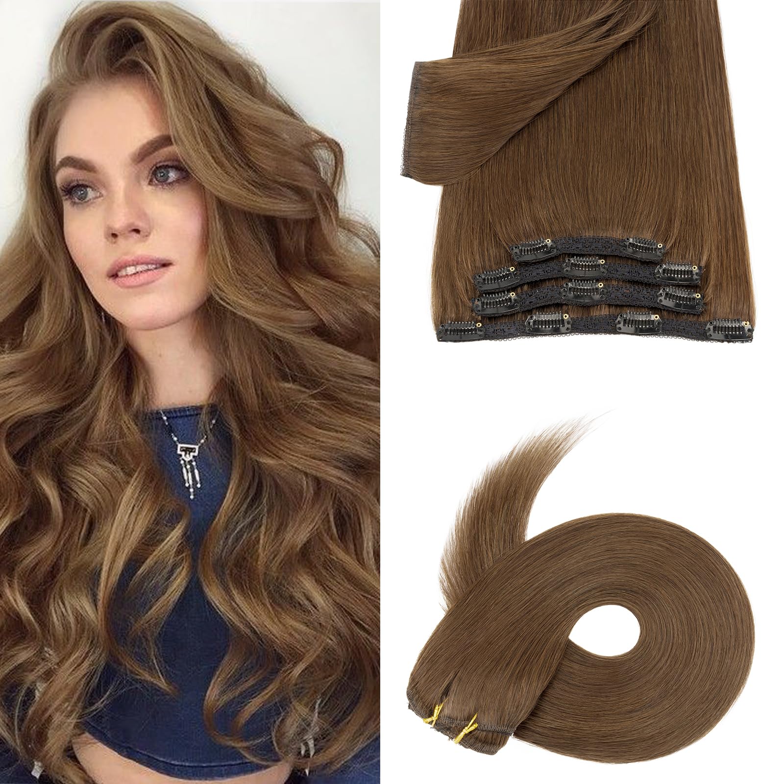 Silk-co Clip in Hair Extensions Real Human Hair Remy Double Weft With Lace Coverd Clip in Silky Straight Natural Thick Hair Seamless 7pcs 16Clips 100g 14Inch #04 Medium Brown — image 1