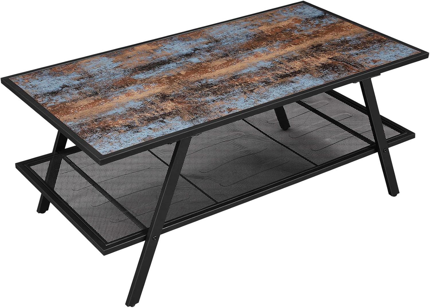 VASAGLE Industrial Coffee Table with Mesh Shelf, Cocktail Table with