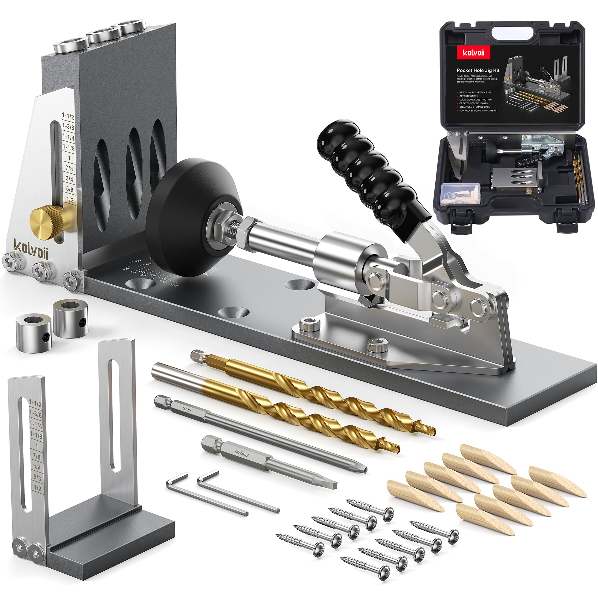 Photo 1 of ***HEAVILY USED*** Kolvoii Pocket Hole Jig, Professional Adjustable Pocket Screw Jig for Strong Joints, Versatile Drill Guide Jig for Materials 1/2" to 3 1/8" Thickness with Storage Case