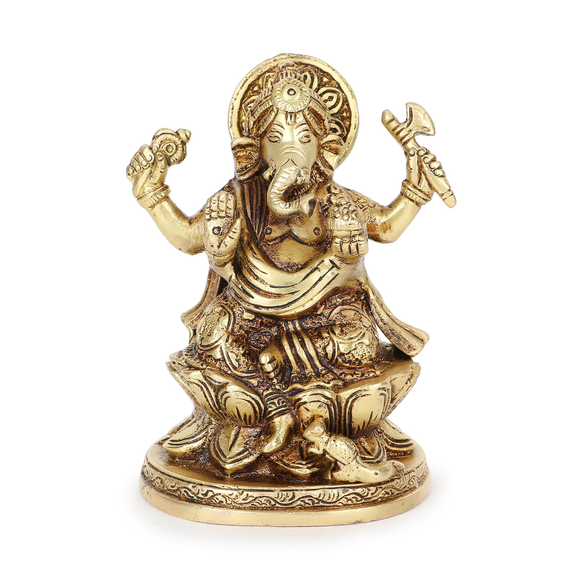 Ganesha Idol Brass Ganesh Sitting Statue on Lotus for the Puja Temple at Home and Office
