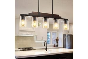 HUONG SON Farmhouse Wood Kitchen Island Lighting, 5-Light Adjustable Chandelier for Dining Room, Seeded Glass Shade Dining Room Light Fixture Over Table, Black Hanging Pendant Lights for Kitchen, Pool Table