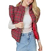 Kedera Womens Christmas Plaid Puffer Vests Ruffle Sleeveless Lightweight Quilted Vest Fall Winter Padded Gilets Coats