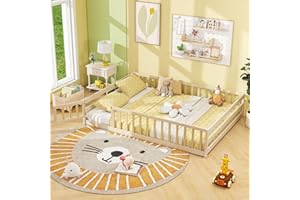 Giantex Full Floor Bed with Door & Fence, Kids Wood Montessori Beds with Safety Guardrails, Floor Bed Twin for Kids, Boys, Girls, No Box Spring Needed, Natural