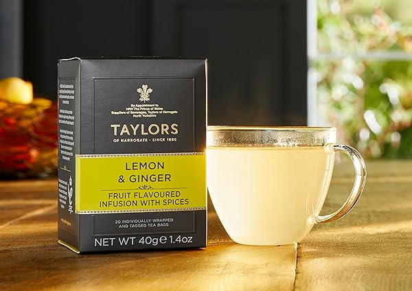 TAYLORS OF HARROGATE LEMON & GINGER, HERBAL TEA, INDIVIDUALLY WRAPPED BAGS, 20 COUNT (PACK OF 1), CLEANSING, INVIGORATING AND CITRUSSY, CAFFEINE-FREE, ENJOY HOT OR ICED, 20 TEABAGS