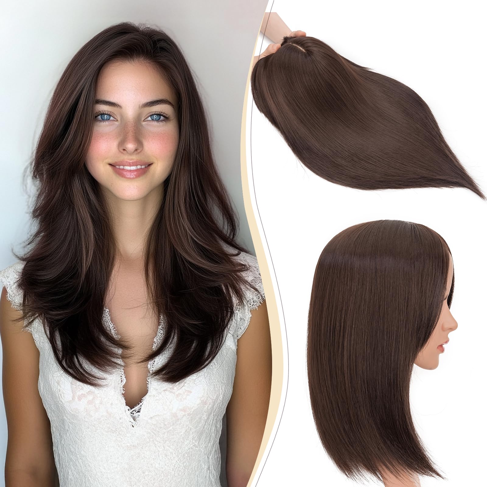 Benehair Women's 14 Inch Hair Topper for Thinning Hair - Clip in Fringe Hair Extensions with 4 Clips - Brown Hair Pieces for Women with Grey Hair Loss (Brown, 120g)