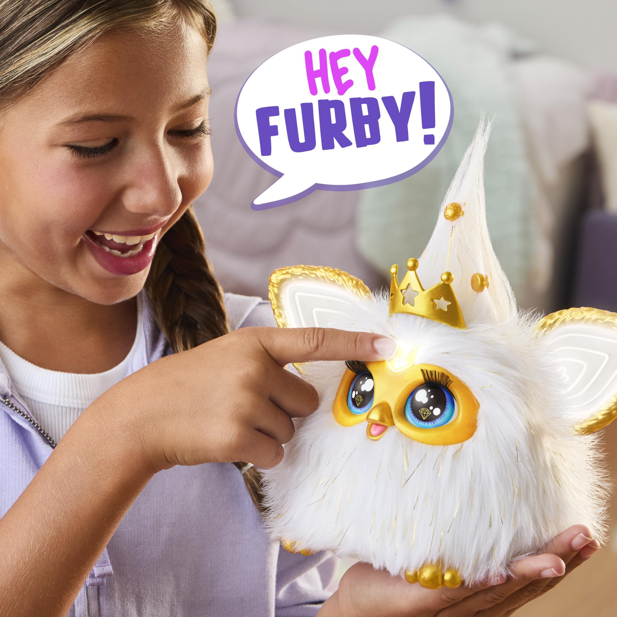 Furby Gold Glam Interactive Plush Toys for 6 Year Old Girls & Boys & Up, Voice Activated Animatronic, Speaks English & Furbish, White, Christmas Stocking Stuffers (Amazon Exclusive)