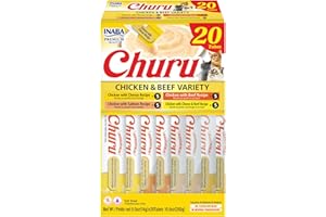 INABA Churu Cat Treats, Grain-Free, Lickable, Squeezable Creamy Purée Cat Treat/Topper with Vitamin E & Taurine, 0.5 Ounces Each Tube, 20 Tubes, Chicken & Beef Variety Box