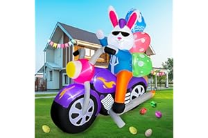 SEASONBLOW 6 FT Easter Inflatable Bunny on Motorcycle with Eggs Decorations LED Light Blow Up Rabbit for Yard Lawn Garden Home Outdoor Indoor Holiday Decor