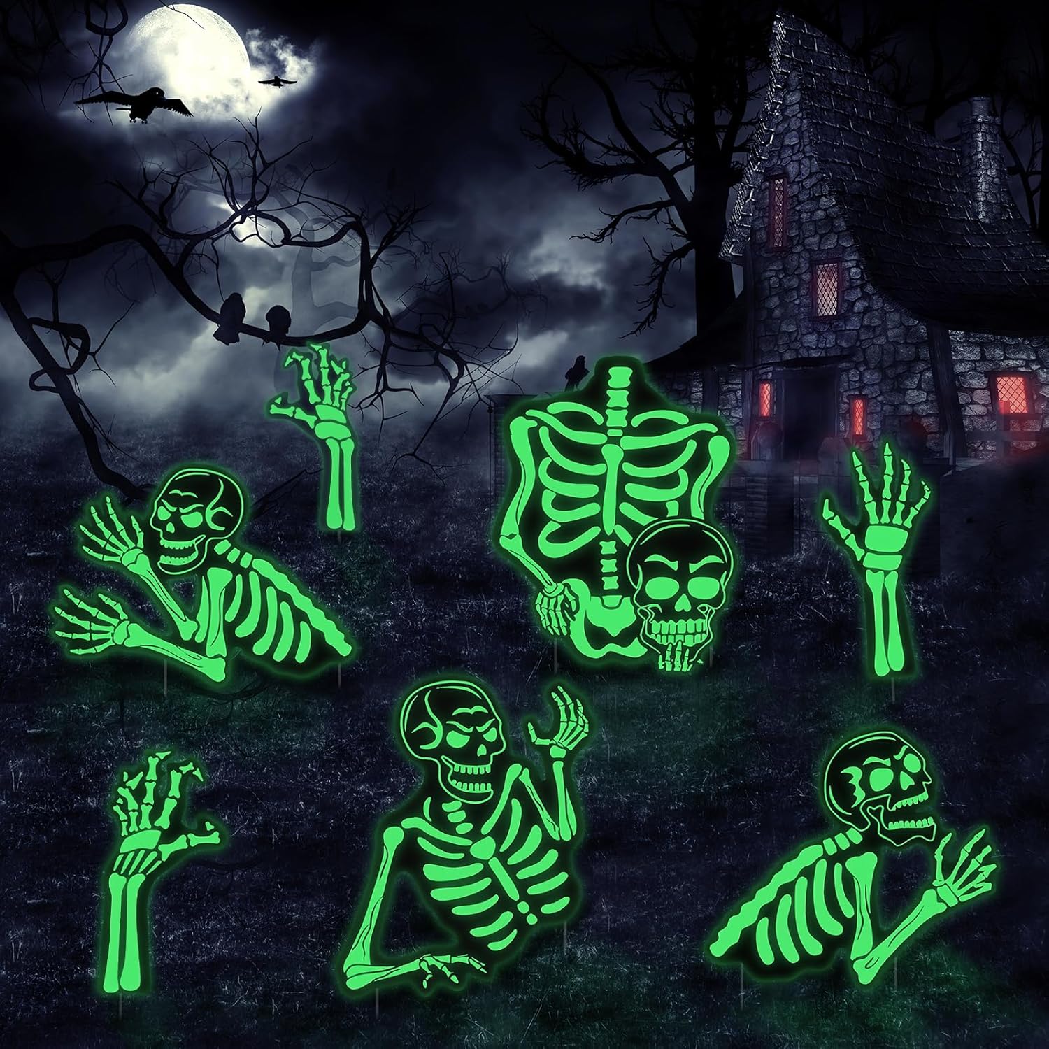 Yard Signs - Halloween Decorations Outdoor Yard Signs, 7PCS Graveyard Scary Halloween Decorations Skeleton Ghosts Zombie Hands Glow in the Dark with Stakes for Lawn Signs, DISHIO Fluorescent Creepy Decor Props