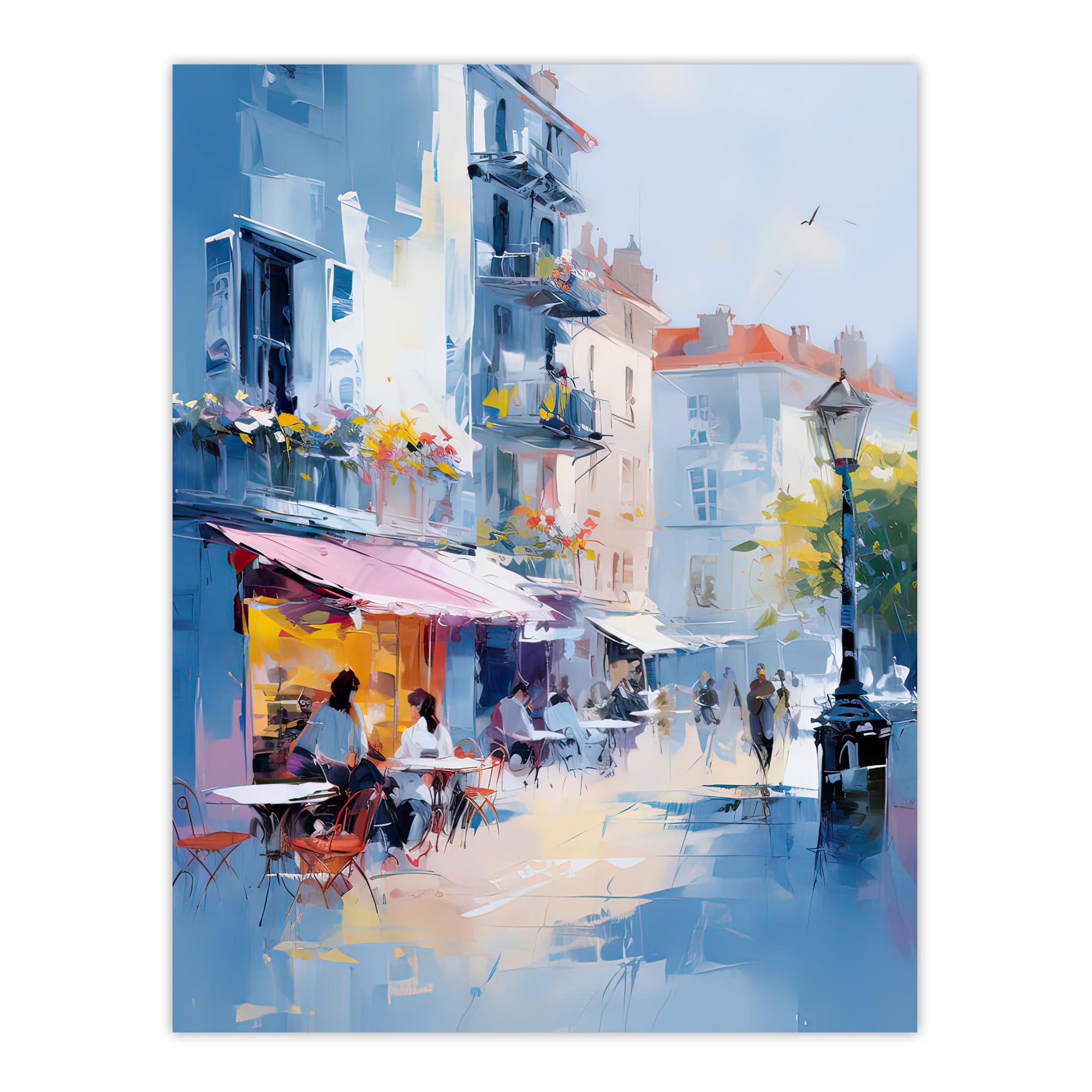 Artery8 Cafe Street in Paris Abstract Oil Painting Pastel Colour Blue Pink Morning in the City Elegant Artwork Large Wall Art Poster Print Thick Paper 18X24 Inch