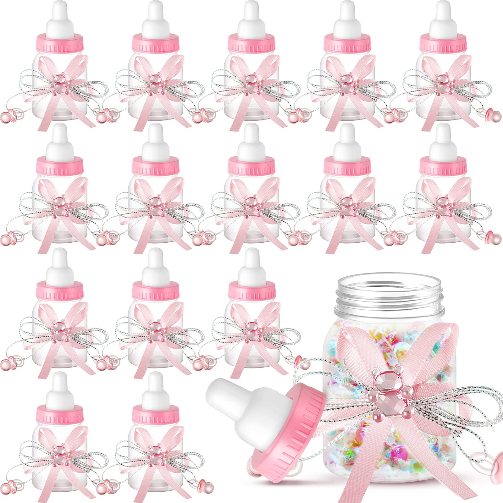 Photo 1 of (missing pieces) Nuenen 48 Pcs Baby Shower Milk Bottles with Ribbon Plastic Bear Candy Bottles Baby Shower Favors Gender Reveal Wedding Birthday Party Decorations(Pink)
