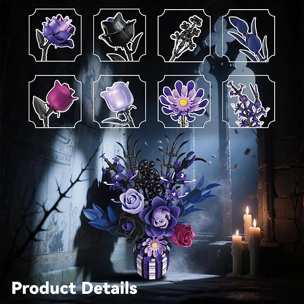 ZONECYTD FLOWERS BOUQUET BUILDING SET ROSES PURPLE BOTANICAL COLLECTION GOTHIC GIFTS FOR MOTHERS DAY FOR WOMEN ADULTS GIRLS 14+ HOME OFFICE DECOR
