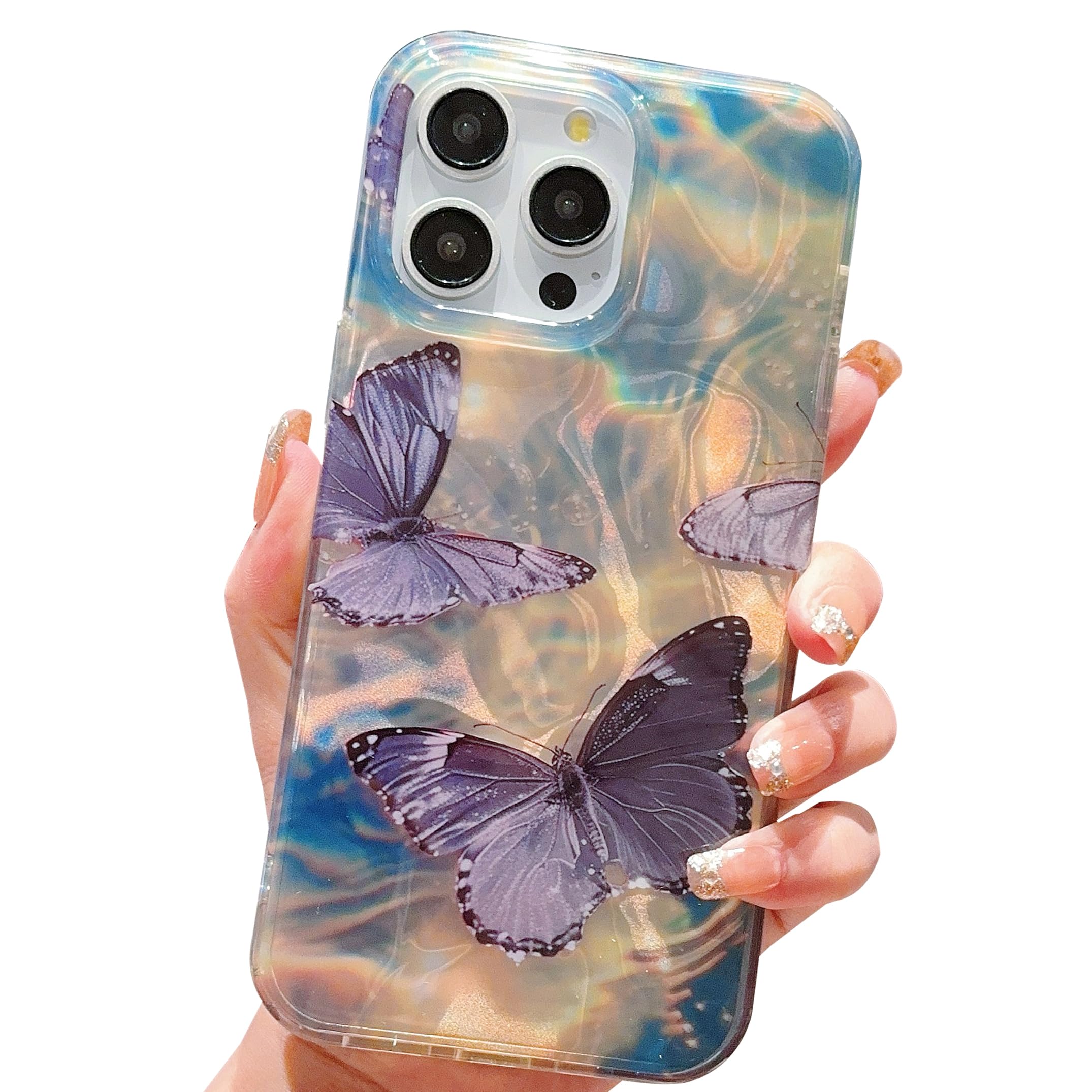 HZYKDWD Compatible for iPhone 14 Pro Max Case 6.7 Inch,Cute Butterfly Quicksand Bling Sparkle Hard Back Art Pattern Design for Soft TPU Shockproof Phone Case for Women Girls-Black Purple — image 1