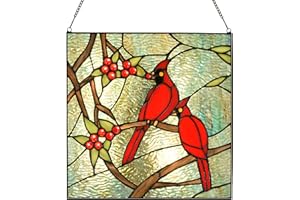 HomeBeauty PA0008 Cardinal Stained Glass Window Panel- Tiffany Style Window Hanging- Red Bird Ornaments -12" Wx12 H Suncatcher- Wall Decorations for Home Office