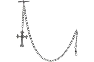 WATCHVSHOP Albert Chain Silver Pocket Watch Chain Fob Chain with Religious Cross Design Fob and Swivel Clasp T Bar AC114A
